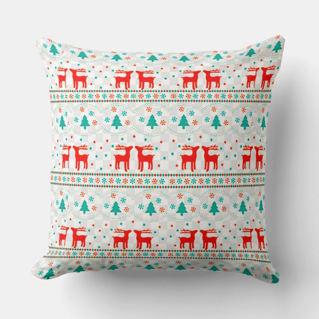 Festive Christmas Pattern with Reindeer Throw Pillow (Front)