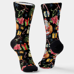 Festive Christmas Pattern with Santa, Candy Canes Socks