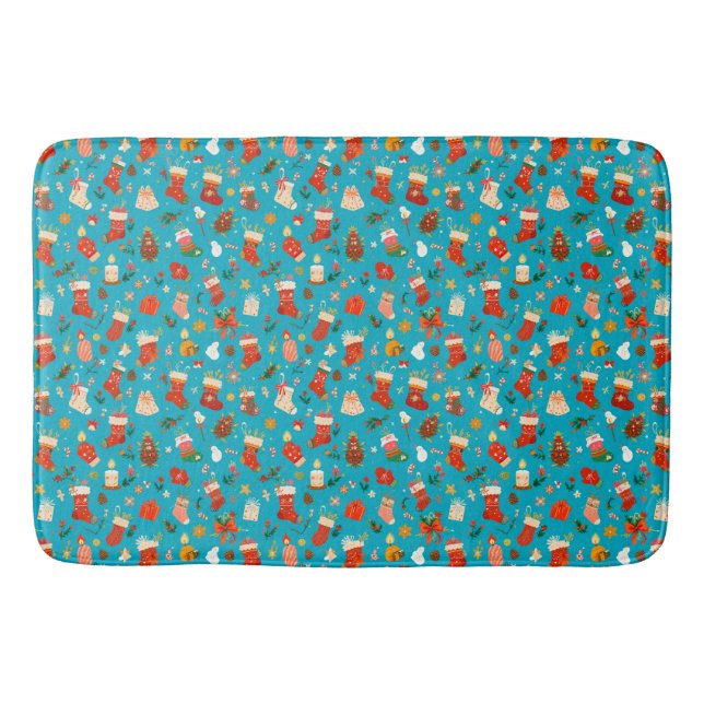 Festive Christmas Pattern with Stockings Bath Mat (Front)
