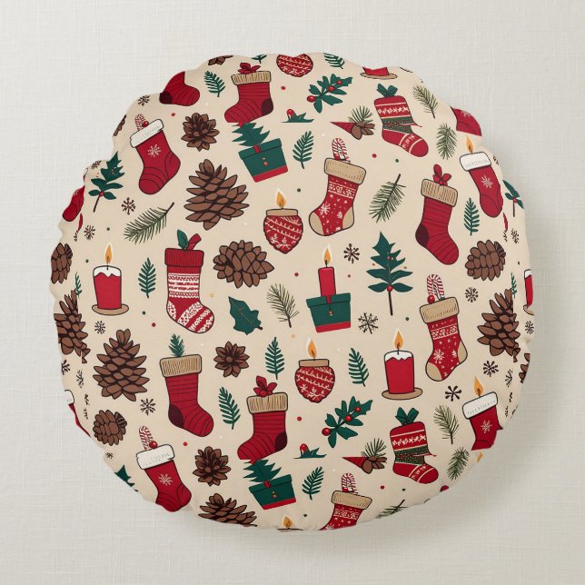 Festive Christmas Pattern with Stockings Round Pillow (Front)