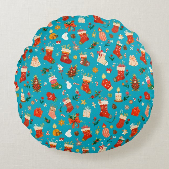 Festive Christmas Pattern with Stockings Round Pillow (Front)