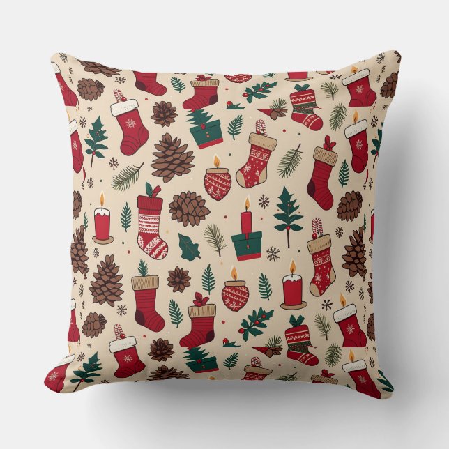 Festive Christmas Pattern with Stockings Throw Pillow (Front)