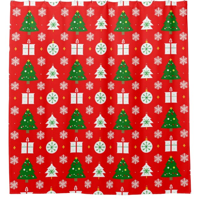 Festive Christmas Pattern with Trees, Snowflakes Shower Curtain (Front)
