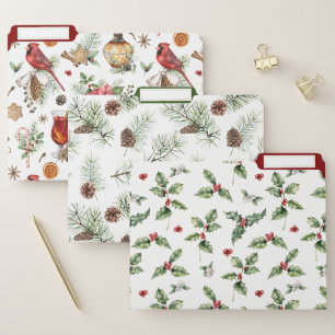 Festive Christmas Patterns Red Birds Pine Holly File Folder
