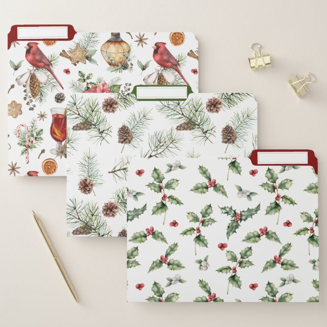 Festive Christmas Patterns Red Birds Pine Holly File Folder (Set)