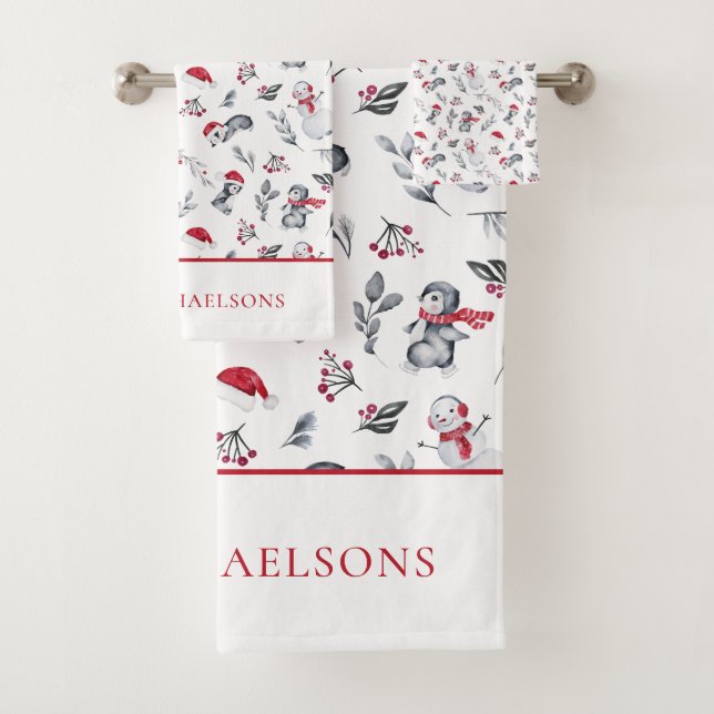 Festive Christmas Penguin Watercolor Bath Towel Set (Insitu)