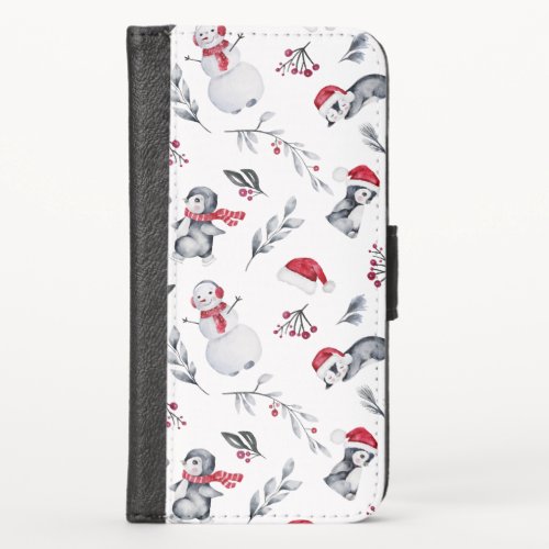 Festive Christmas Penguin Watercolor iPhone X Wallet Case