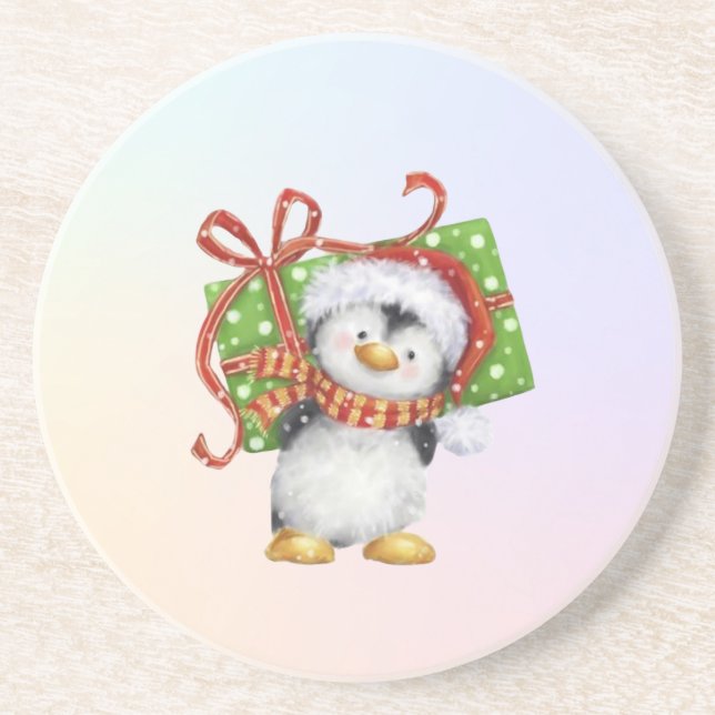 Festive Christmas Penguin with Gift - Holiday Deco Coaster (Front)