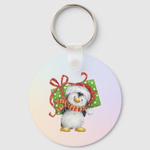 Festive Christmas Penguin with Gift - Holiday Deco Keychain