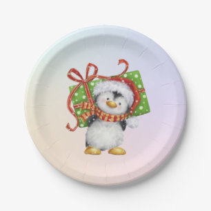 Festive Christmas Penguin with Gift - Holiday Deco Paper Plates