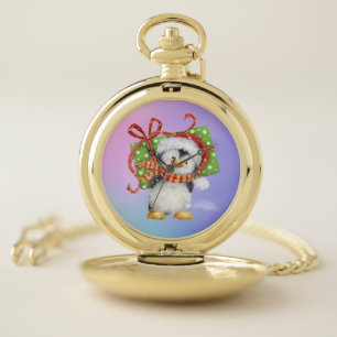 Festive Christmas Penguin with Gift - Holiday Deco Pocket Watch