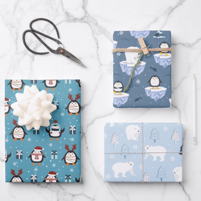 Festive Christmas penguins and bears tiled Wrapping Paper Sheets (Front)