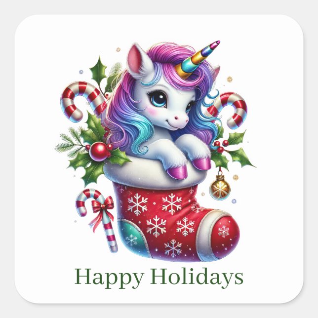 Festive Christmas peppermint unicorn customizable Square Sticker (Front)