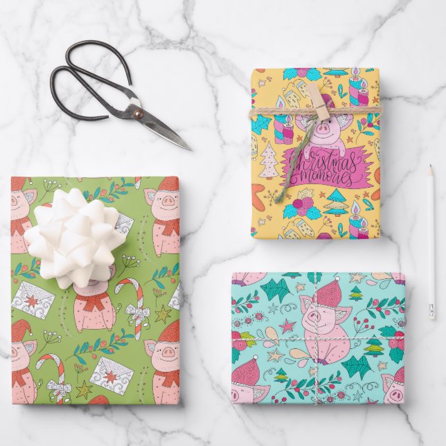 Festive Christmas Pigs Wrapping Paper Sheets (Front)