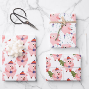 Festive Christmas Pigs Wrapping Paper Sheets