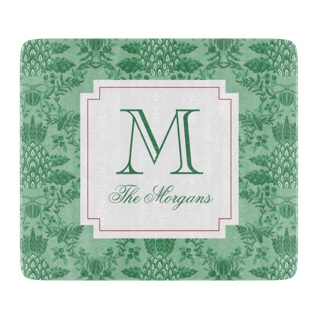 Festive Christmas Pineapple Ornaments Monogram Cutting Board (Front)