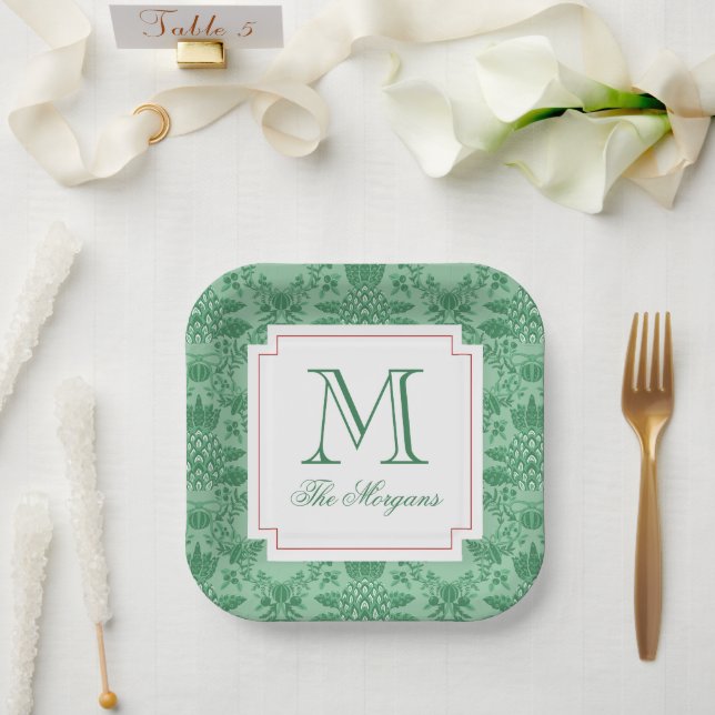 Festive Christmas Pineapple Ornaments Monogram Paper Plates (Wedding)