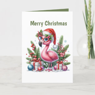 Festive Christmas pink flamingo customizable Holiday Card