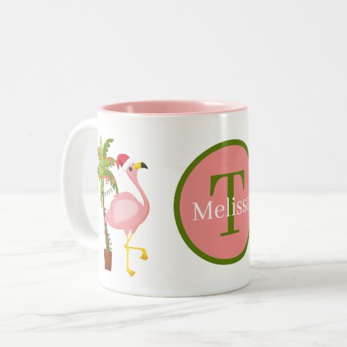 festive Christmas pink flamingo monogram Two_Tone Coffee Mug