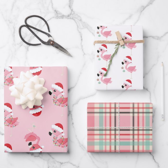 festive Christmas pink flamingo tiled pattern Wrapping Paper Sheets (Front)