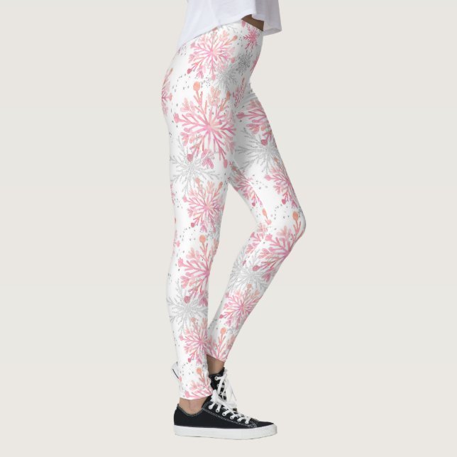 Festive Christmas pink gray snowflakes pattern Leggings (Right)