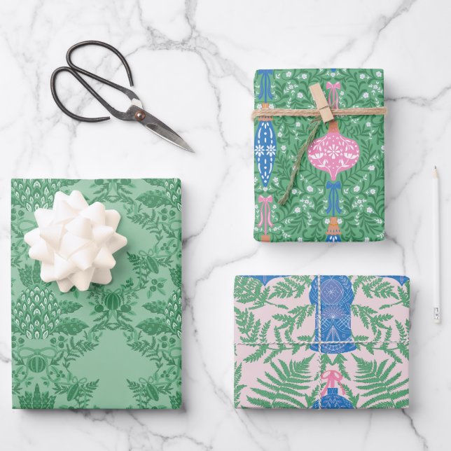 Festive Christmas Pink & Green Pattern Wrapping Paper Sheets (Front)