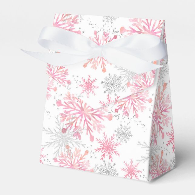 Festive Christmas pink snowflake gray party Favor Boxes (Front Side)