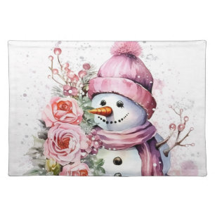 Festive Christmas pink snowman Cloth Placemat