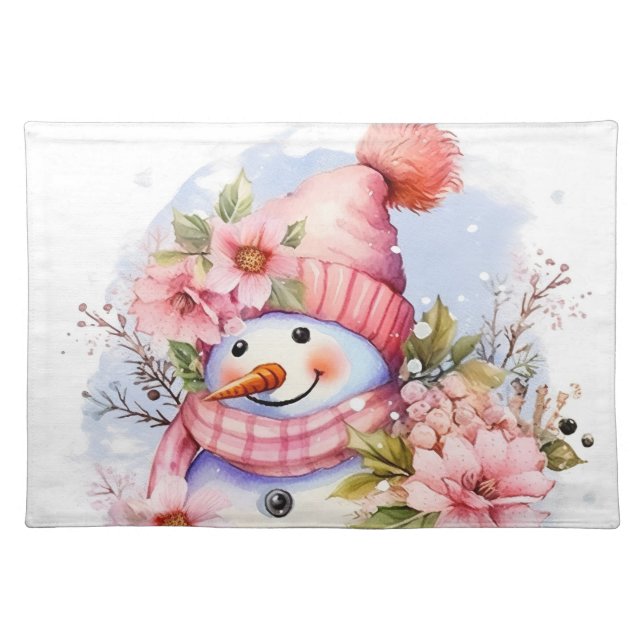Festive Christmas pink snowman Cloth Placemat (Front)
