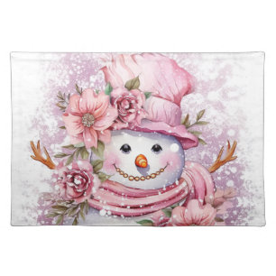 Festive Christmas pink snowman Cloth Placemat