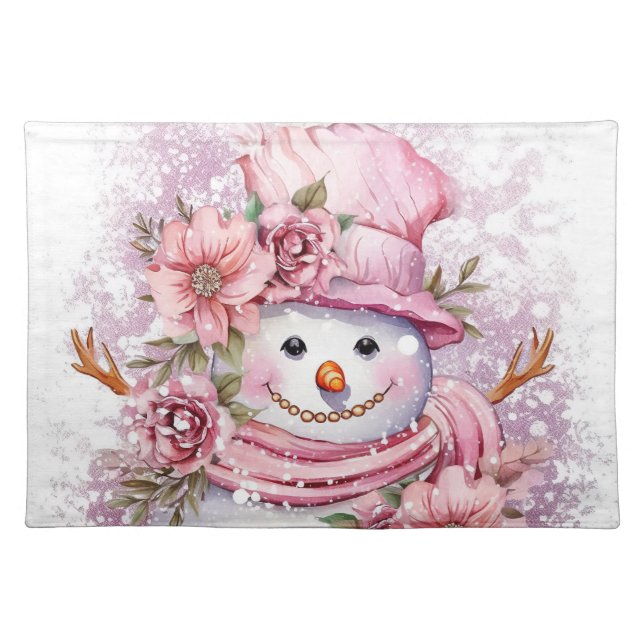 Festive Christmas pink snowman  Cloth Placemat (Front)