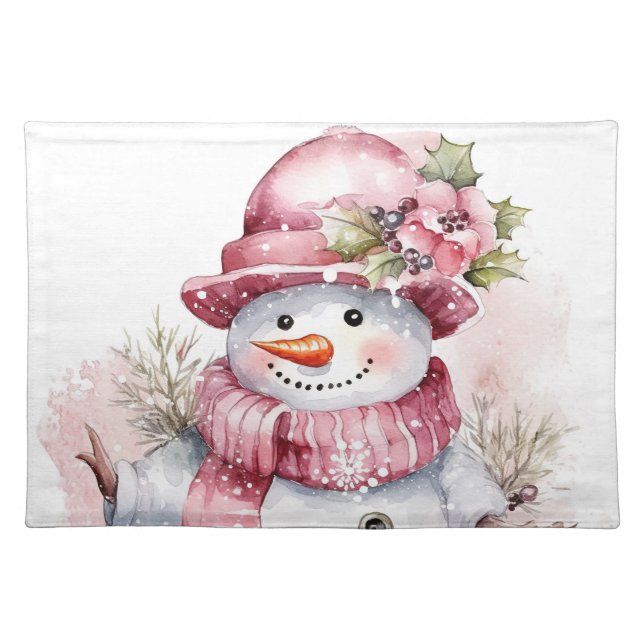Festive Christmas pink snowman  Cloth Placemat (Front)