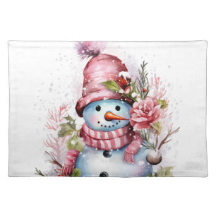 Festive Christmas pink snowman Cloth Placemat