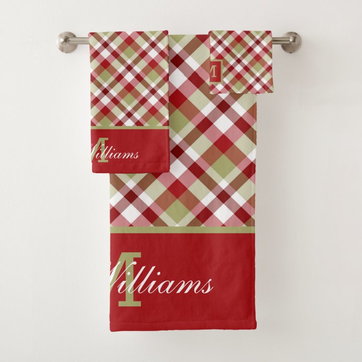 Festive Christmas Plaid Red, White and Green Bath Towel Set Zazzle