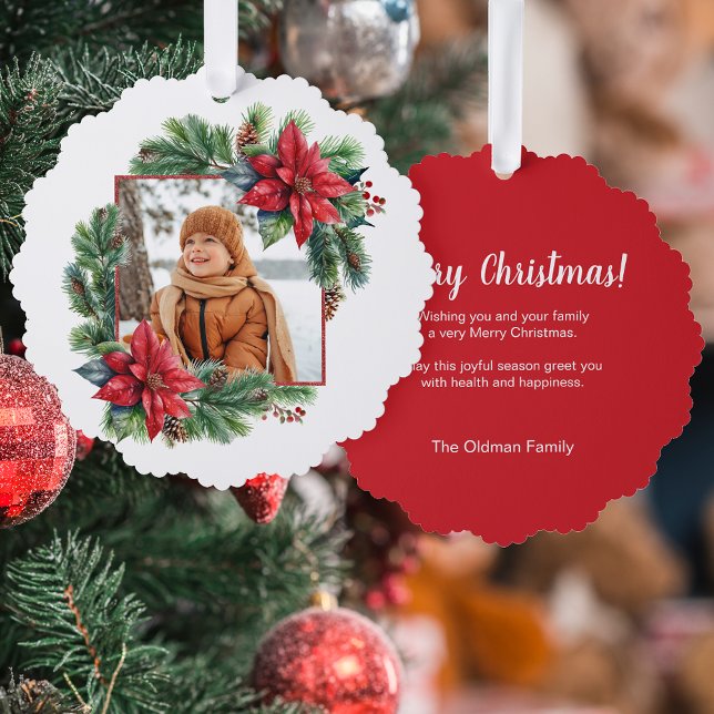 Festive Christmas Poinsettia and Pine Photo Ornament Card (Creator Uploaded)