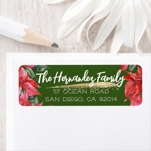 Festive Christmas Poinsettia Green Family Address  Label (Insitu)