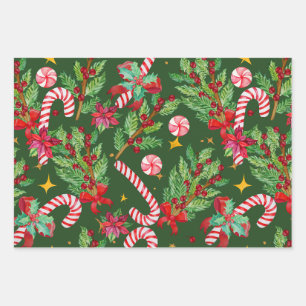 Festive Christmas Poinsettia, Holly Berry, Candy Wrapping Paper Sheets