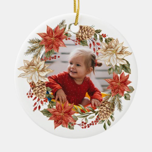 Festive Christmas Poinsettia Wreath Photo Ceramic Ornament