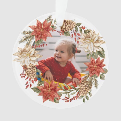 Festive Christmas Poinsettia Wreath Photo Ornament