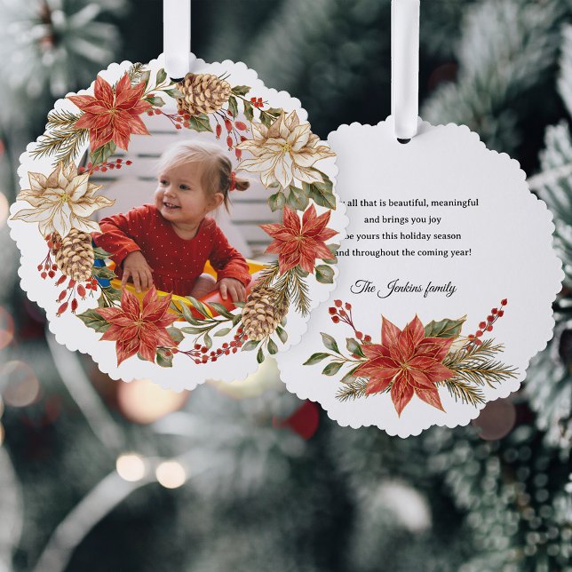 Festive Christmas Poinsettia Wreath Photo Ornament Card (Creator Uploaded)