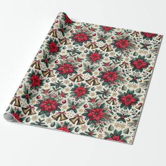 Festive Christmas Poinsettias and Bells Pattern Wrapping Paper