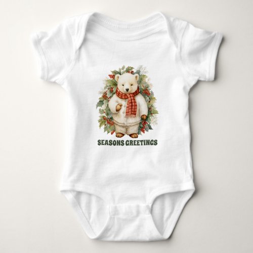 Festive Christmas polar bear add text  Baby Bodysuit