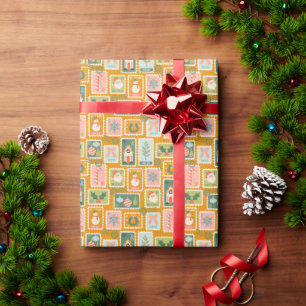 Festive Christmas Postage Stamps on Golden Yellow Wrapping Paper