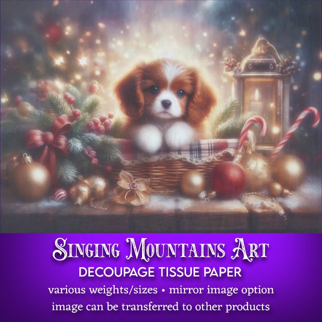 Festive Christmas Puppy in Basket Decoupage Tissue Paper (Creator Uploaded)