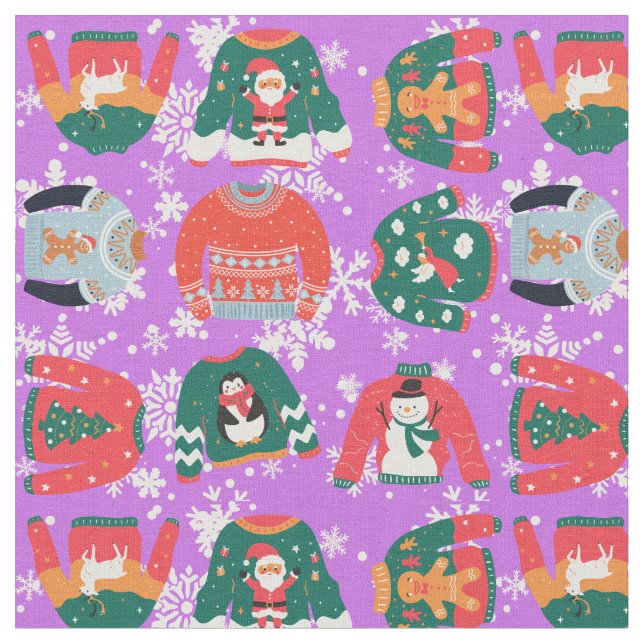 Festive Christmas purple sweater pattern Santa  Fabric (Close Up)