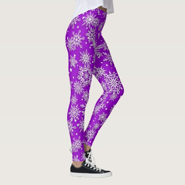 festive Christmas purple white snowflake pattern Leggings (Right)