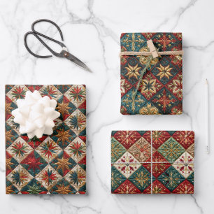 Festive Christmas Quilted Pattern Wrapping Paper Sheets