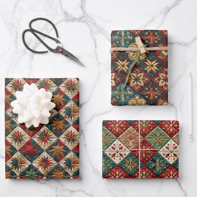  Festive Christmas Quilted Pattern Wrapping Paper Sheets (Front)