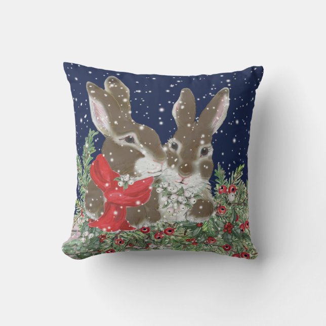 Festive Christmas Rabbit Tan Bunny Winter Holiday Throw Pillow (Front)
