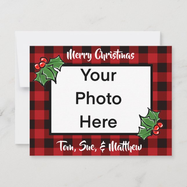 Festive Christmas red black plaid holly leaves Note Card (Front)
